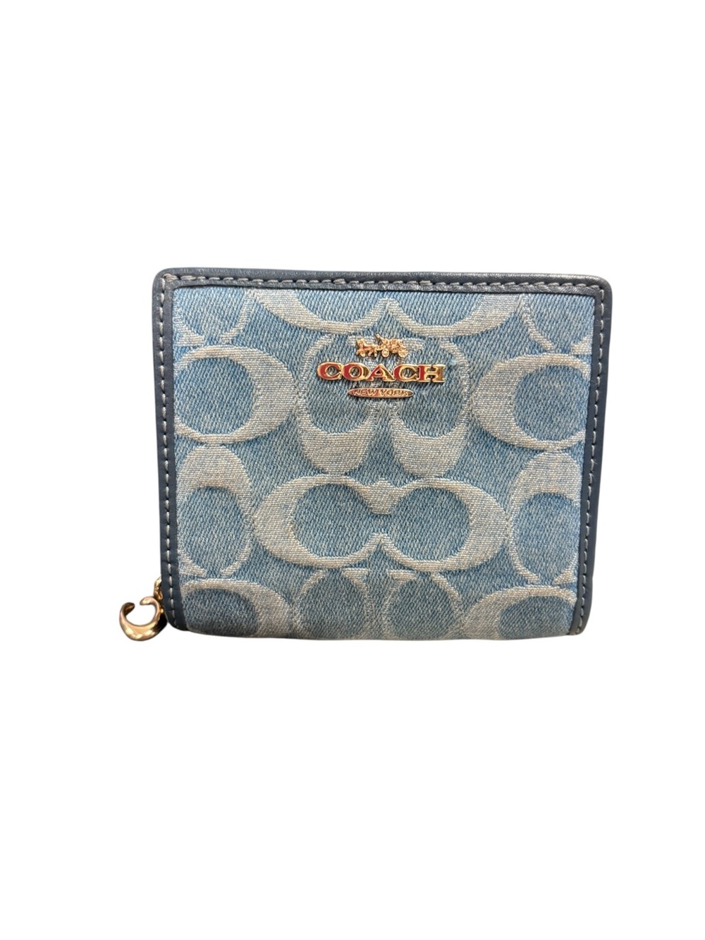 Coach Denim Signature Compact Wallet - Light Blue with Gold Logo